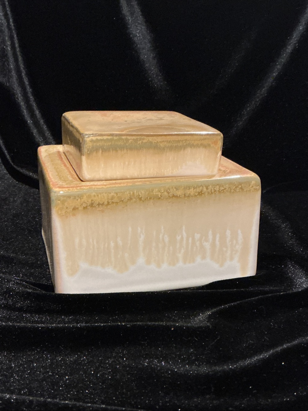 Glazed Ceramic Square Lidded Box in Cream and Golden Tan